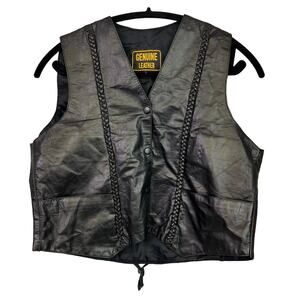 Genuine Leather Biker Vest Medium Black Vintage 90s Rocker Sleeveless Top